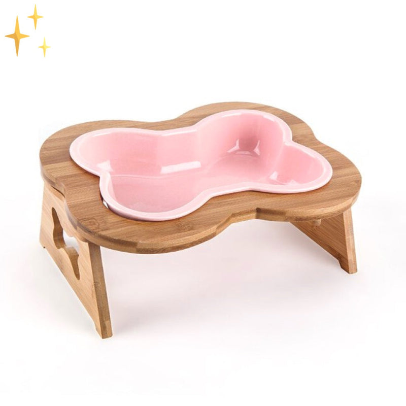 Ceramic Dog Food Bowl with Wooden Stand - BoneFeast-Pink-State of Style