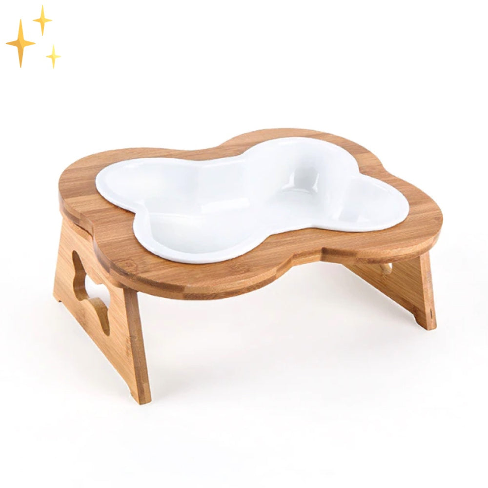 Ceramic Dog Food Bowl with Wooden Stand - BoneFeast-White-State of Style