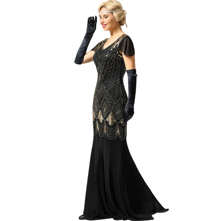 Charice Long 20s Flapper Dress With Sequins-Black/Gold-S-State of Style
