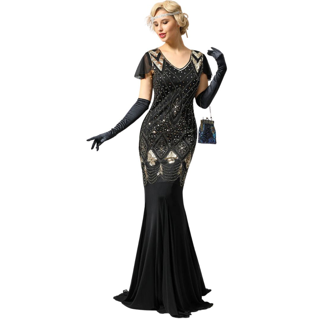 Charice Long 20s Flapper Dress With Sequins-Black/Gold-S-State of Style