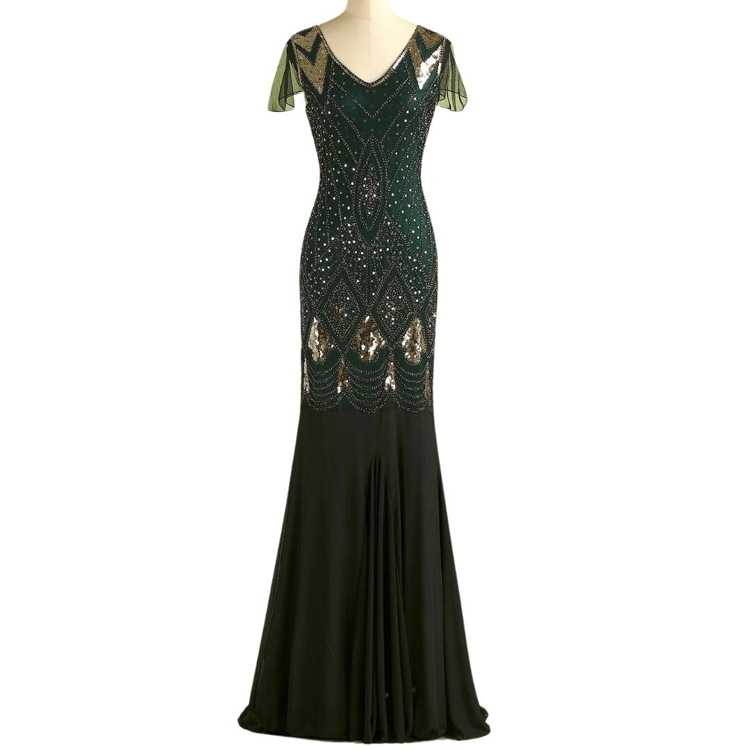 Charice Long 20s Flapper Dress With Sequins-Black/Green-S-State of Style