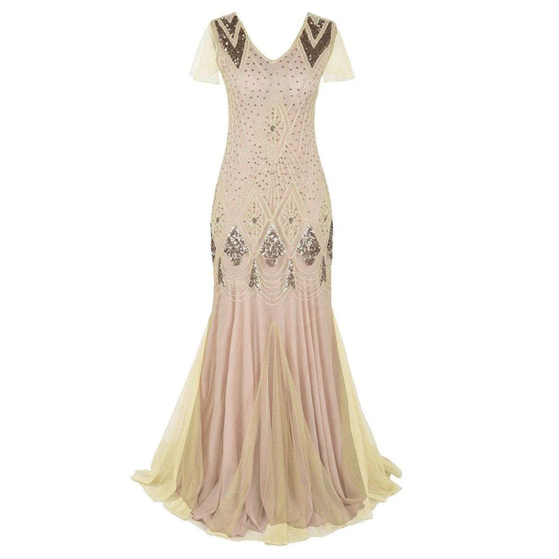 Charice Long 20s Flapper Dress With Sequins-Champagne-S-State of Style