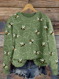 Charming Knitted Sweater with Bee Embroidery - Marlise-Green-S-State of Style