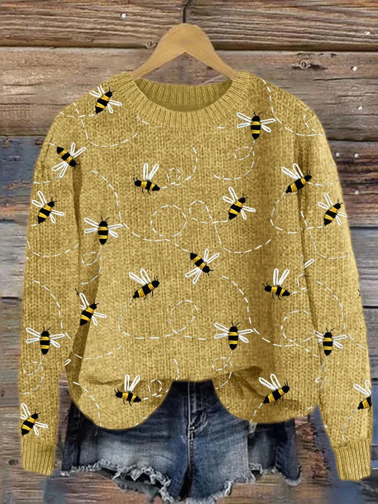 Charming Knitted Sweater with Bee Embroidery - Marlise-Yellow-S-State of Style