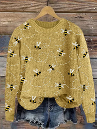 Charming Knitted Sweater with Bee Embroidery - Marlise-Yellow-S-State of Style