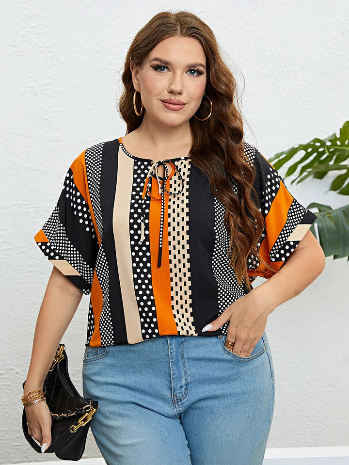 Charming Plus-Size Summer Blouse with Polka Dots and Tie Neck-Multicoloured-2XL-State of Style
