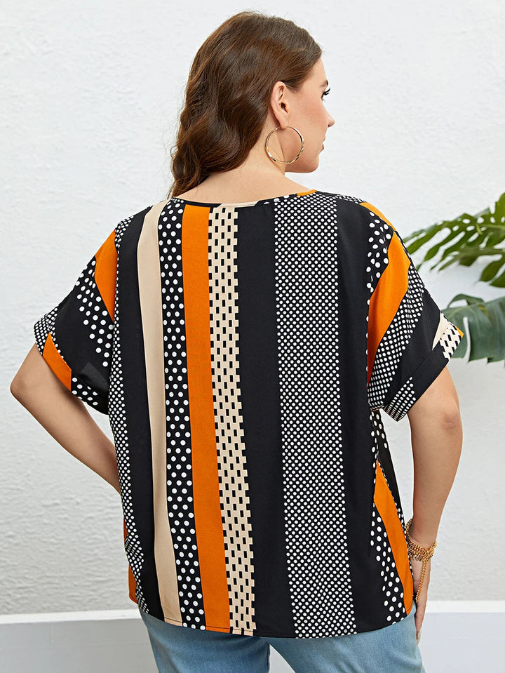 Charming Plus-Size Summer Blouse with Polka Dots and Tie Neck-Multicoloured-2XL-State of Style