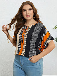 Charming Plus-Size Summer Blouse with Polka Dots and Tie Neck-Multicoloured-2XL-State of Style