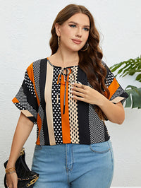Charming Plus-Size Summer Blouse with Polka Dots and Tie Neck-Multicoloured-2XL-State of Style