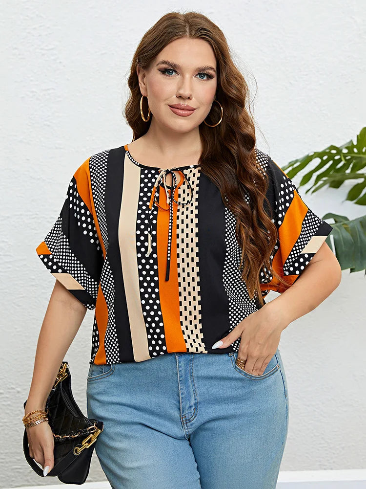 Charming Plus-Size Summer Blouse with Polka Dots and Tie Neck-Multicoloured-2XL-State of Style