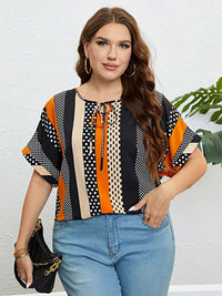 Charming Plus-Size Summer Blouse with Polka Dots and Tie Neck-Multicoloured-2XL-State of Style