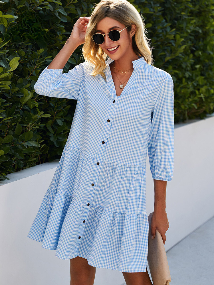 Checked Design Dress | Emy | Stylish & Comfortable-Light Blue-L-State of Style