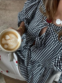 Checked Ladies Blouse with Puff Sleeves – Maeve-Green-S-State of Style