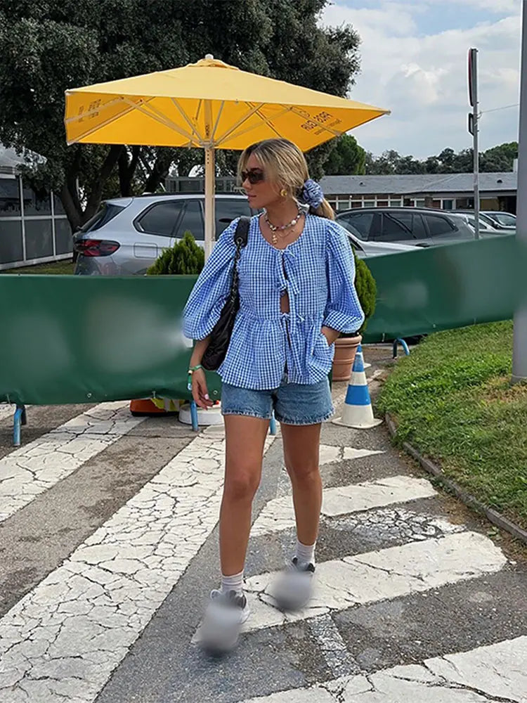 Checked Ladies Blouse with Puff Sleeves – Maeve-Green-S-State of Style