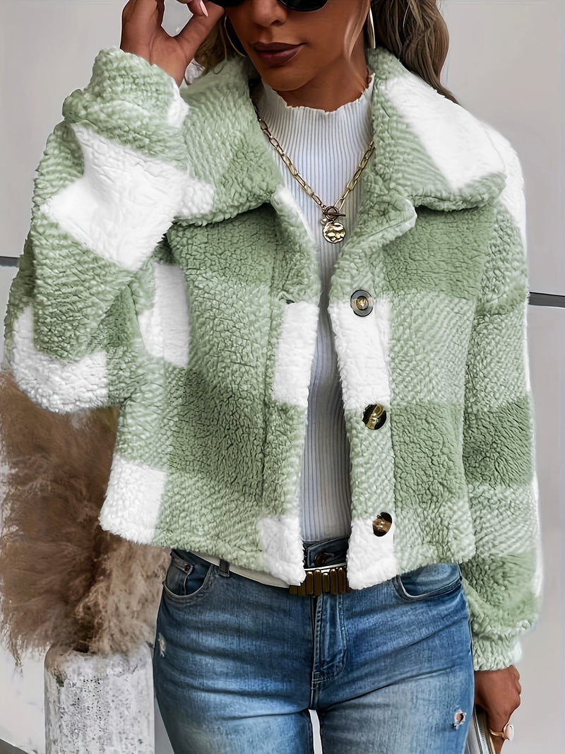 Checked Teddy Jacket with Button Closure - Clara-Green-XS-State of Style
