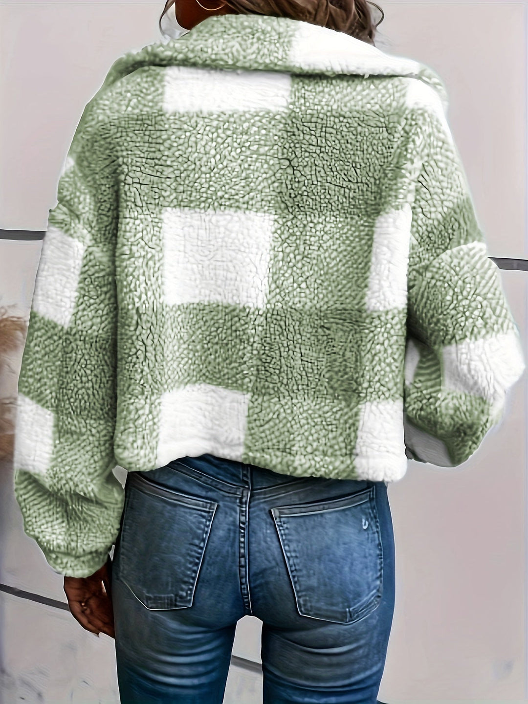 Checked Teddy Jacket with Button Closure - Clara-Green-XS-State of Style