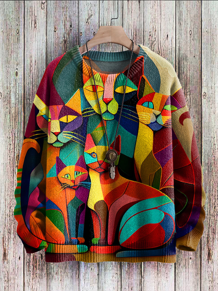 Cheerful Cat Print Sweater for Women – Cleo-Fluff-S-State of Style