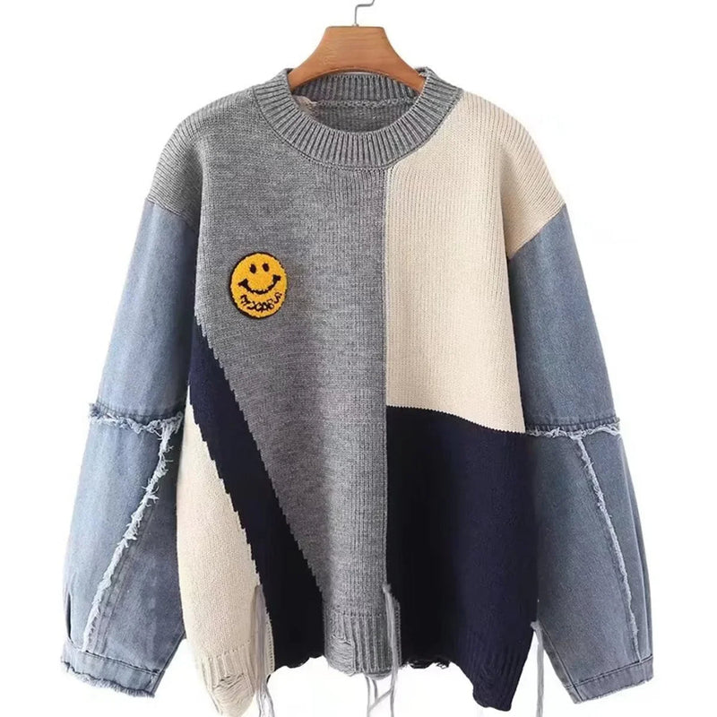 Cheerful Patchwork Sweater for Women - Liora-Light Grey-S-State of Style