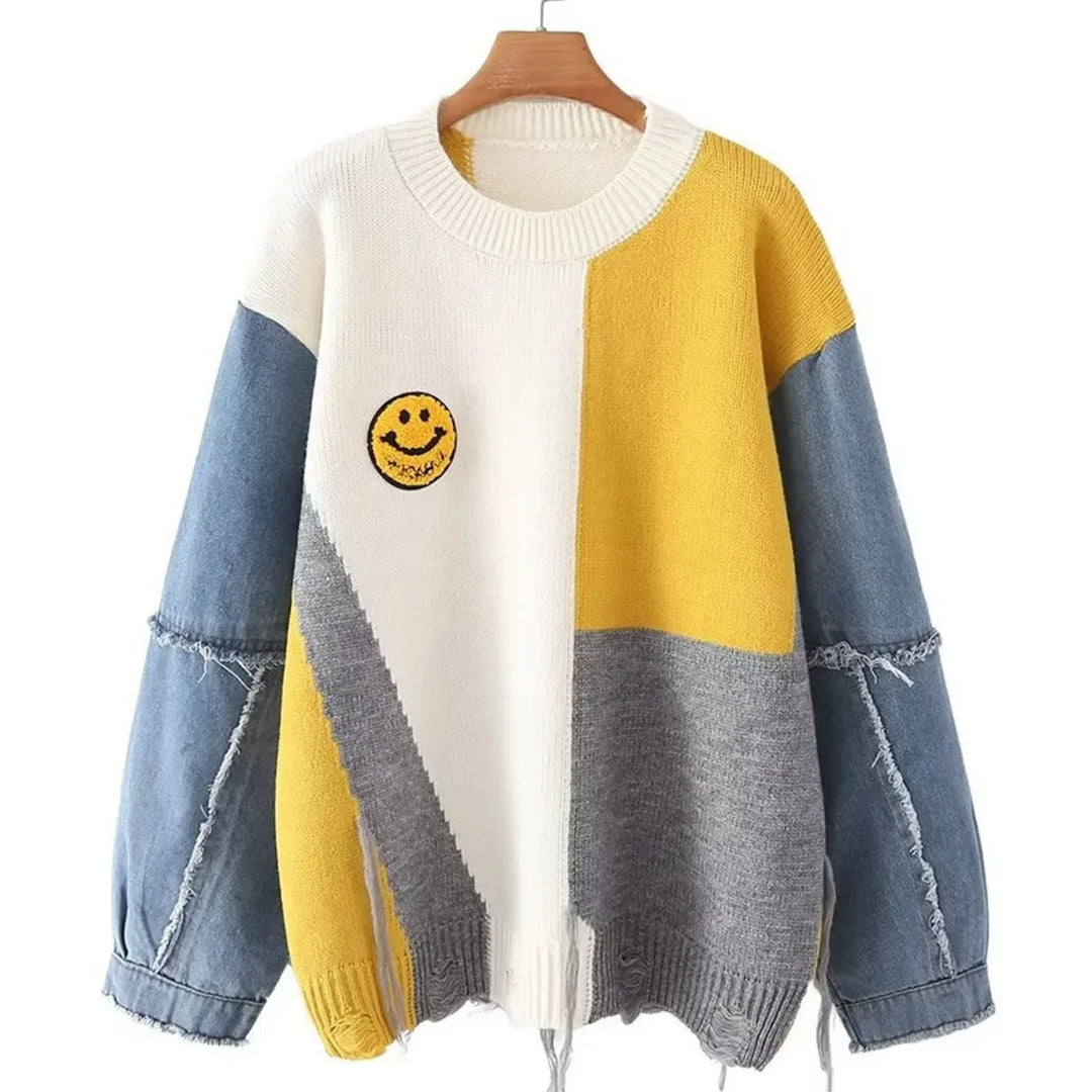 Cheerful Patchwork Sweater for Women - Liora-White/Yellow-S-State of Style