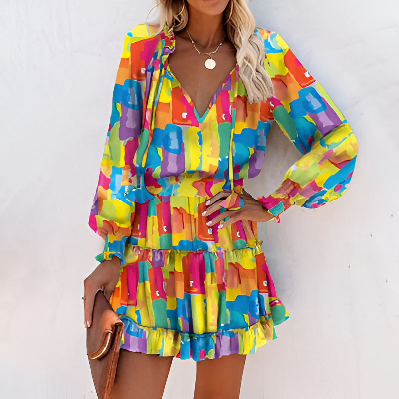 Cheerful Summer Dress with Print and Ruffles – Lina-Multicoloured-S-State of Style