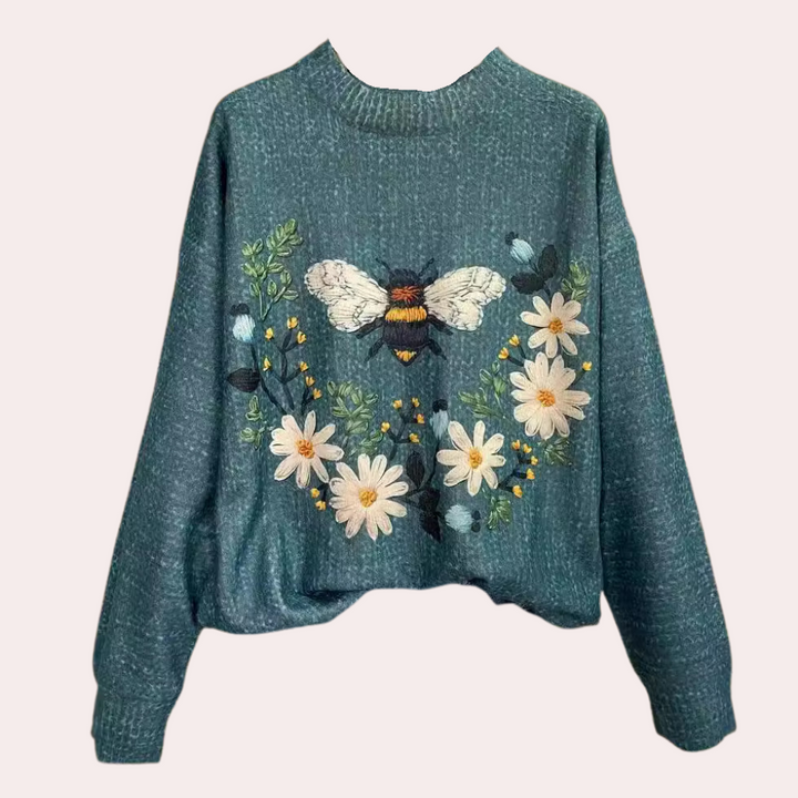 Cheerful Women's Sweater with Floral Print - Fleur-Blue-XS-State of Style