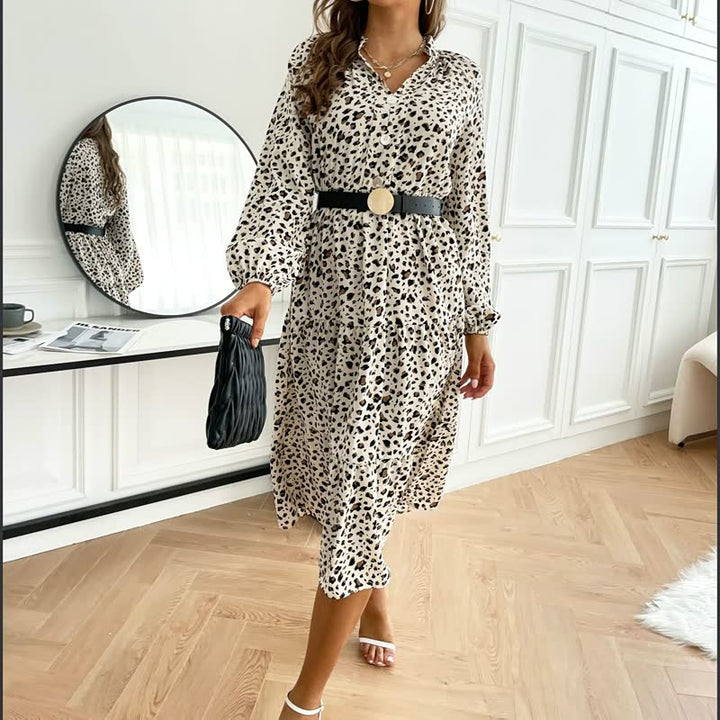 Chic Long-Sleeve Leopard Print Dress-Black-S-State of Style