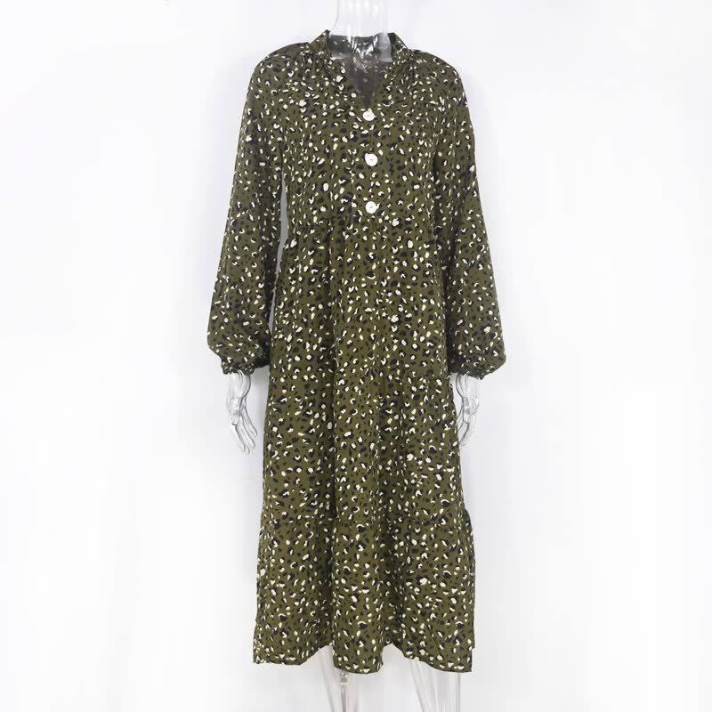 Chic Long-Sleeve Leopard Print Dress-Green-S-State of Style
