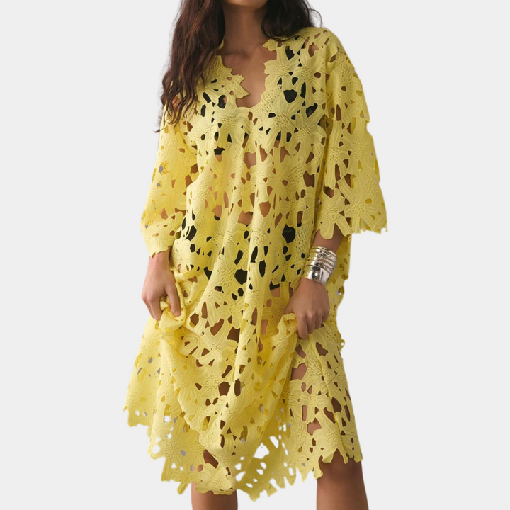 Chic Midi Dress with Embroidered Details - Isla-Yellow-XS-State of Style