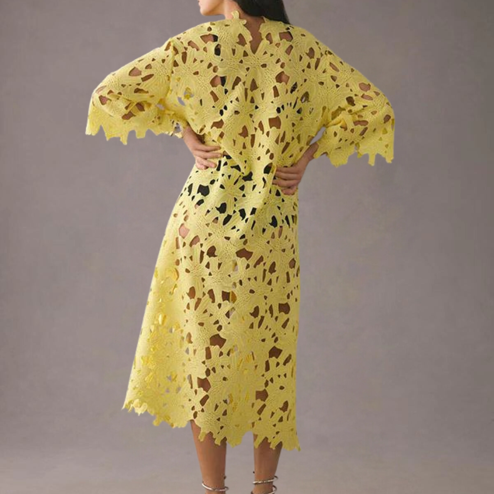 Chic Midi Dress with Embroidered Details - Isla-Yellow-XS-State of Style
