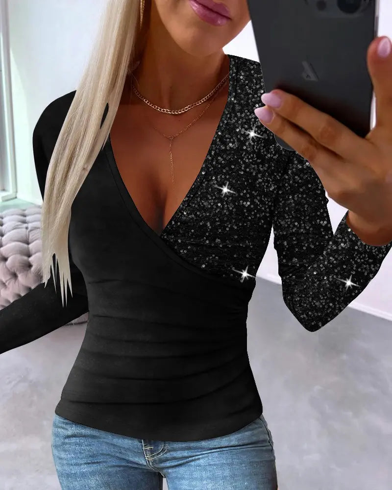 Chic Overlay Top with Sequins and Ruffles - Sabrina-Black-S-State of Style