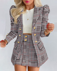 Chic Two-Piece Set | Blazer and Skirt | Elegant Office Wear-Black Checkered-S-State of Style