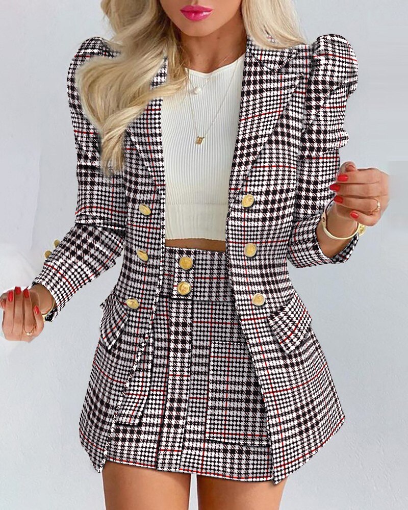 Chic Two-Piece Set | Blazer and Skirt | Elegant Office Wear-Black Checkered-S-State of Style