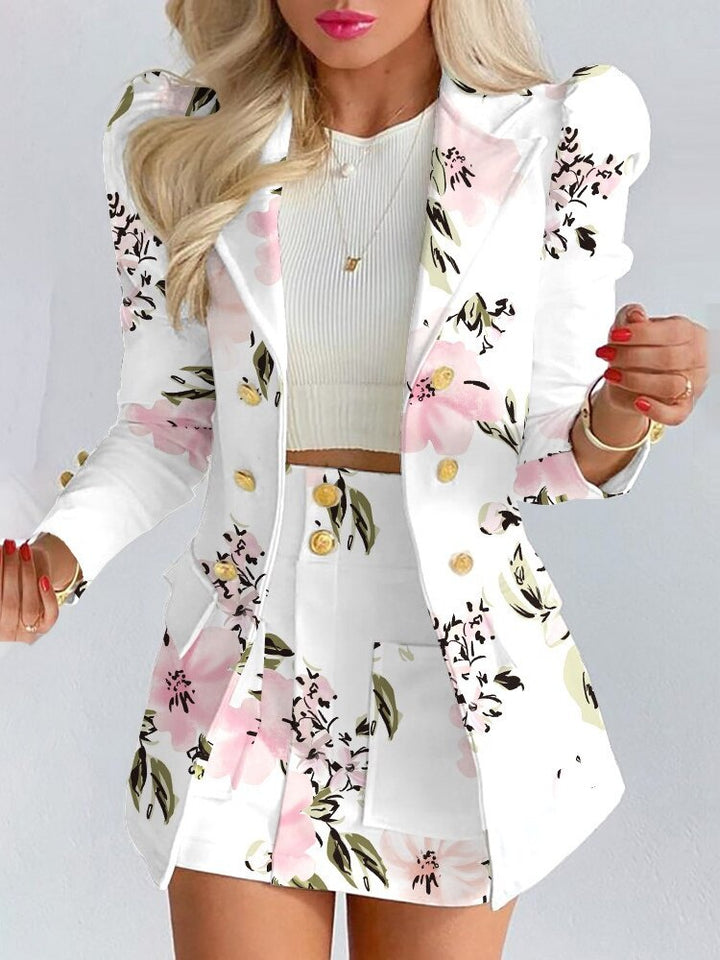 Chic Two-Piece Set | Blazer and Skirt | Elegant Office Wear-White Floral-S-State of Style
