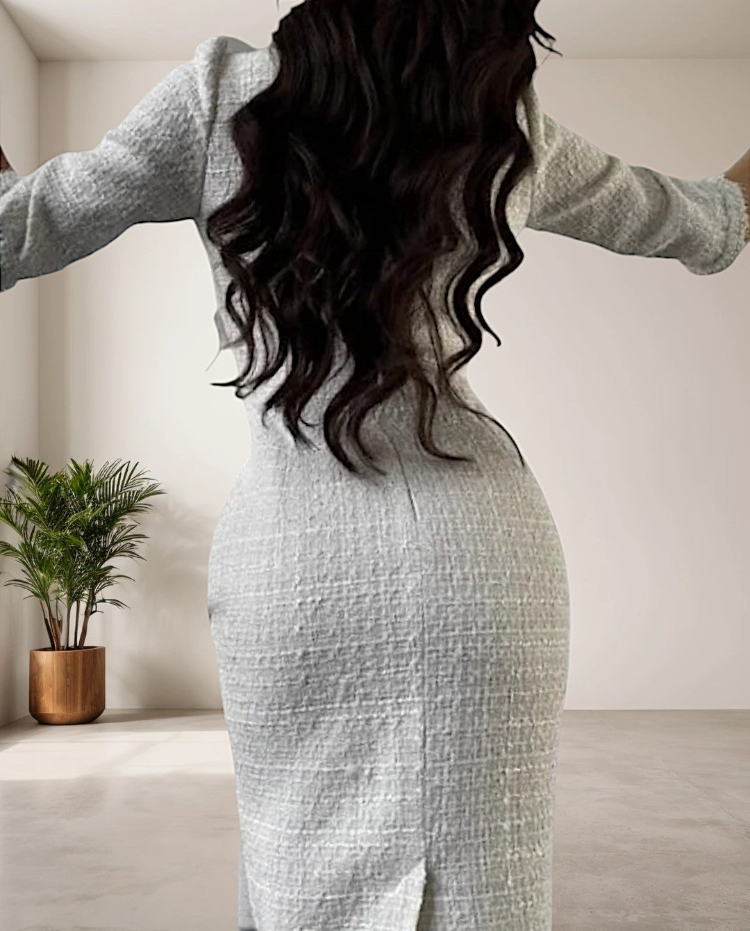 Chic White Tweed Dress with Round Neck - Eveline-S-State of Style