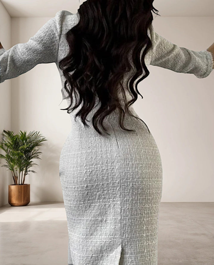 Chic White Tweed Dress with Round Neck - Eveline-S-State of Style