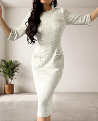 Chic White Tweed Dress with Round Neck - Eveline-S-State of Style