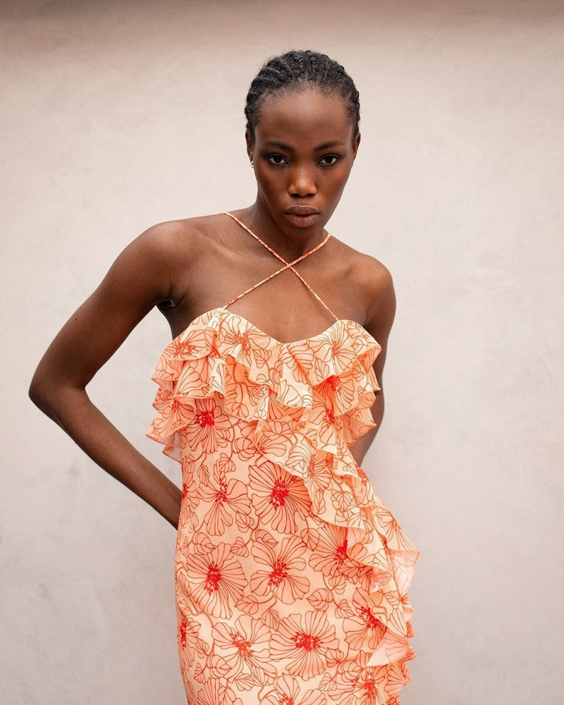 Chiffon Maxi Dress with Ruffles and Crossed Neckline – Elenna-Brown-S-State of Style