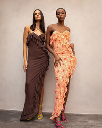 Chiffon Maxi Dress with Ruffles and Crossed Neckline – Elenna-Brown-S-State of Style