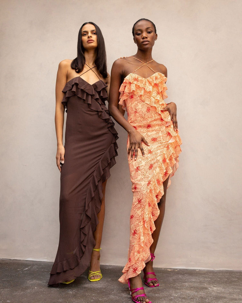 Chiffon Maxi Dress with Ruffles and Crossed Neckline – Elenna-Brown-S-State of Style