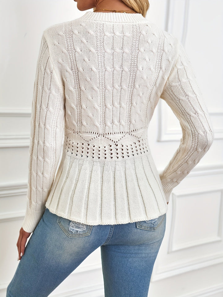 Chunky Cable Knit Sweater with Round Neck - Elena-Beige-S-State of Style
