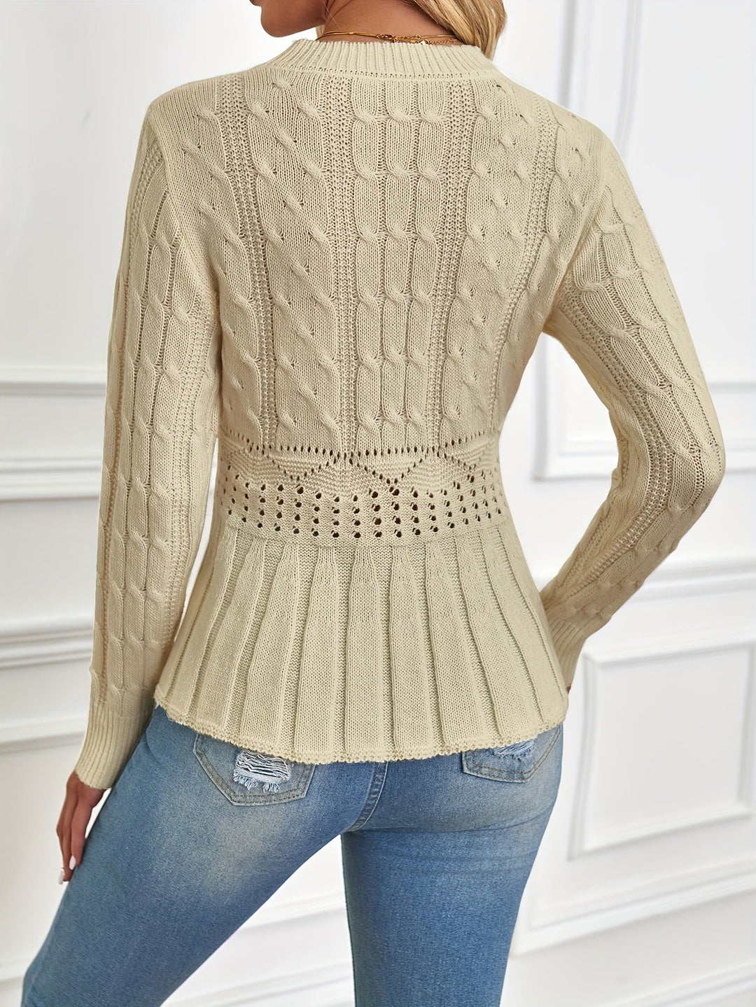 Chunky Cable Knit Sweater with Round Neck - Elena-Beige-S-State of Style
