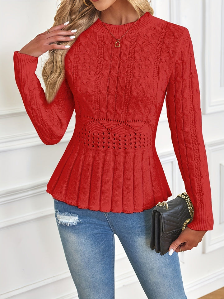 Chunky Cable Knit Sweater with Round Neck - Elena-Red-S-State of Style