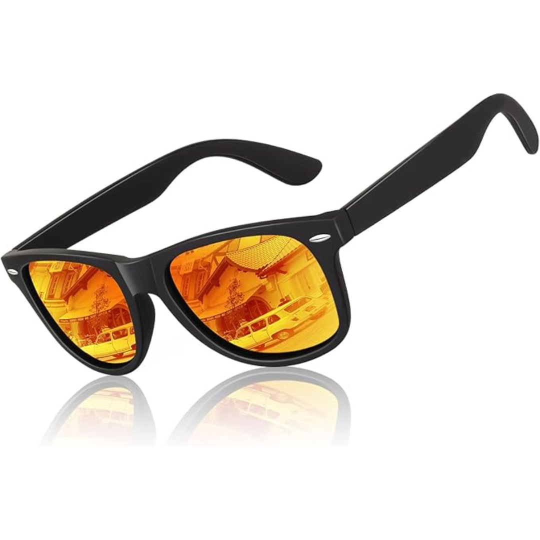 Classic 80's Retro Polarised Sunglasses - Jamie-Matte black frame | Amber Scarlet Mirror Lens-State of Style