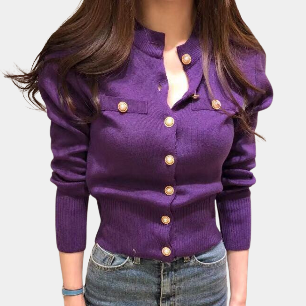 Classic Knitted Women's Cardigan with Button Closure - Eloise-Purple-State of Style
