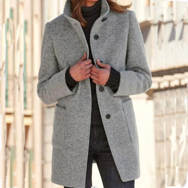 Classic Wool Women's Coat with Retro Button Closure - Amanda-Light Grey-S-State of Style