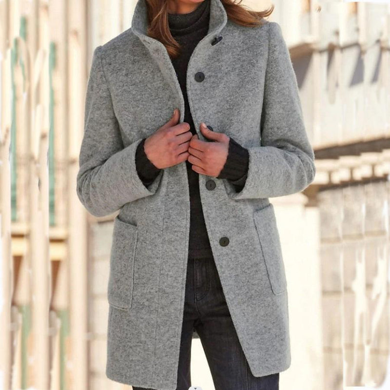 Classic Wool Women's Coat with Retro Button Closure - Amanda-Light Grey-S-State of Style
