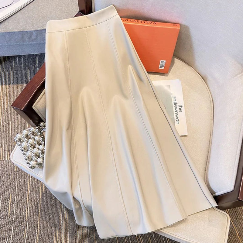 Collete Traditional Skirt – Elegant A-Line PU Leather Midi Skirt-Beige-S-State of Style