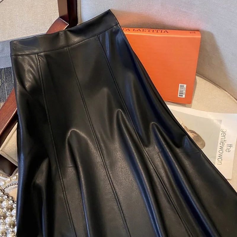 Collete Traditional Skirt – Elegant A-Line PU Leather Midi Skirt-Brown-S-State of Style