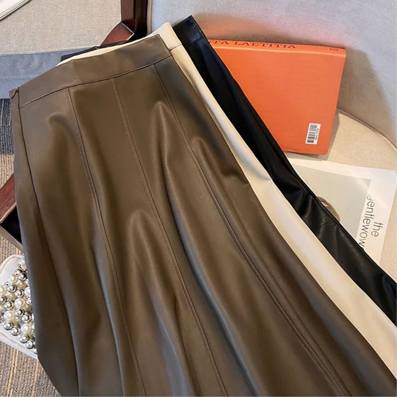 Collete Traditional Skirt – Elegant A-Line PU Leather Midi Skirt-Brown-S-State of Style