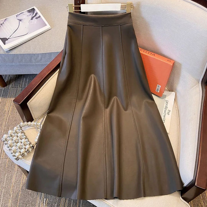 Collete Traditional Skirt – Elegant A-Line PU Leather Midi Skirt-Brown-S-State of Style